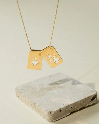 Scapular 14 k gold necklace with no closure, featuring two rectangular medals, one medal depicts the Virgin Mary, and the other depicts the Sacred Heart