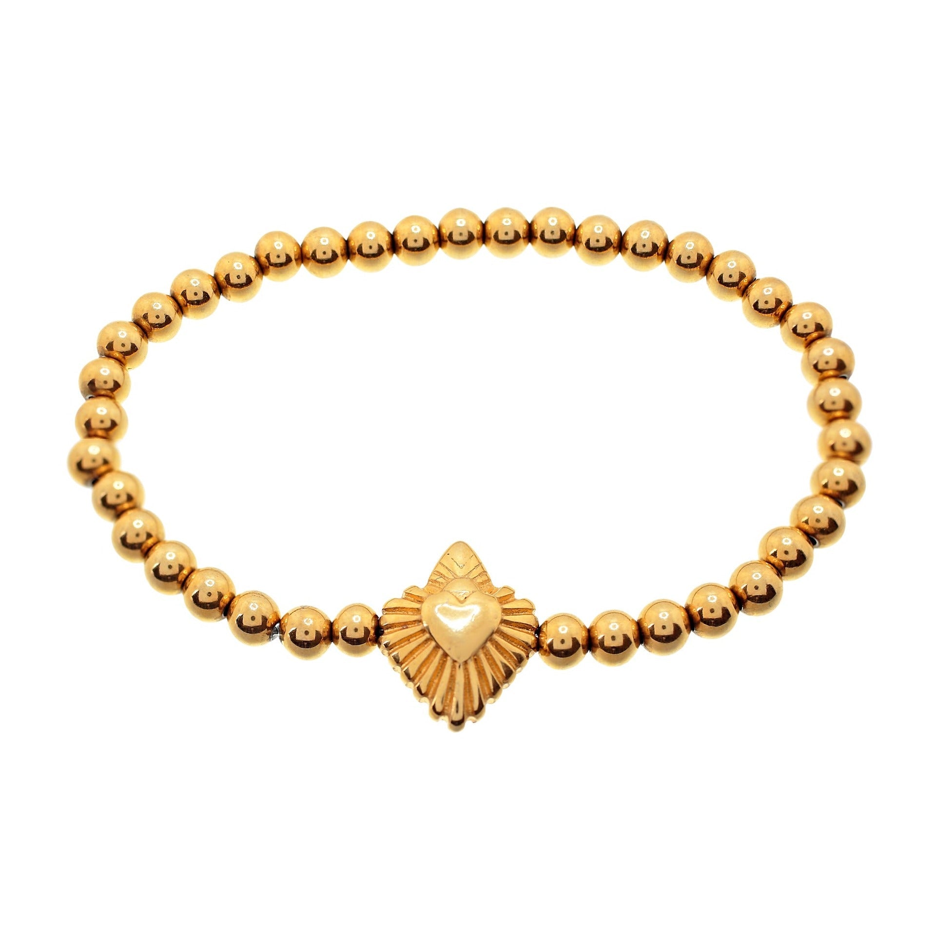 Gold bracelet made of small gold balls with a heart-shaped charm in the center, secured with a spring ring clasp