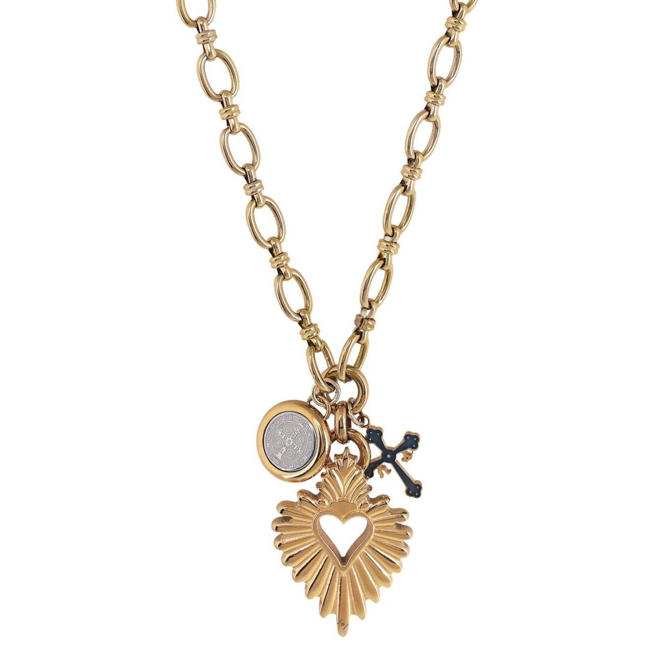 Gold necklace with tree charms the Sacred Heart, St. Benedict, and the Victory Cross.