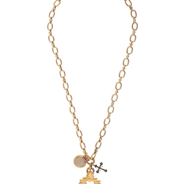 Gold necklace with tree charms the Sacred Heart, St. Benedict, and the Victory Cross.