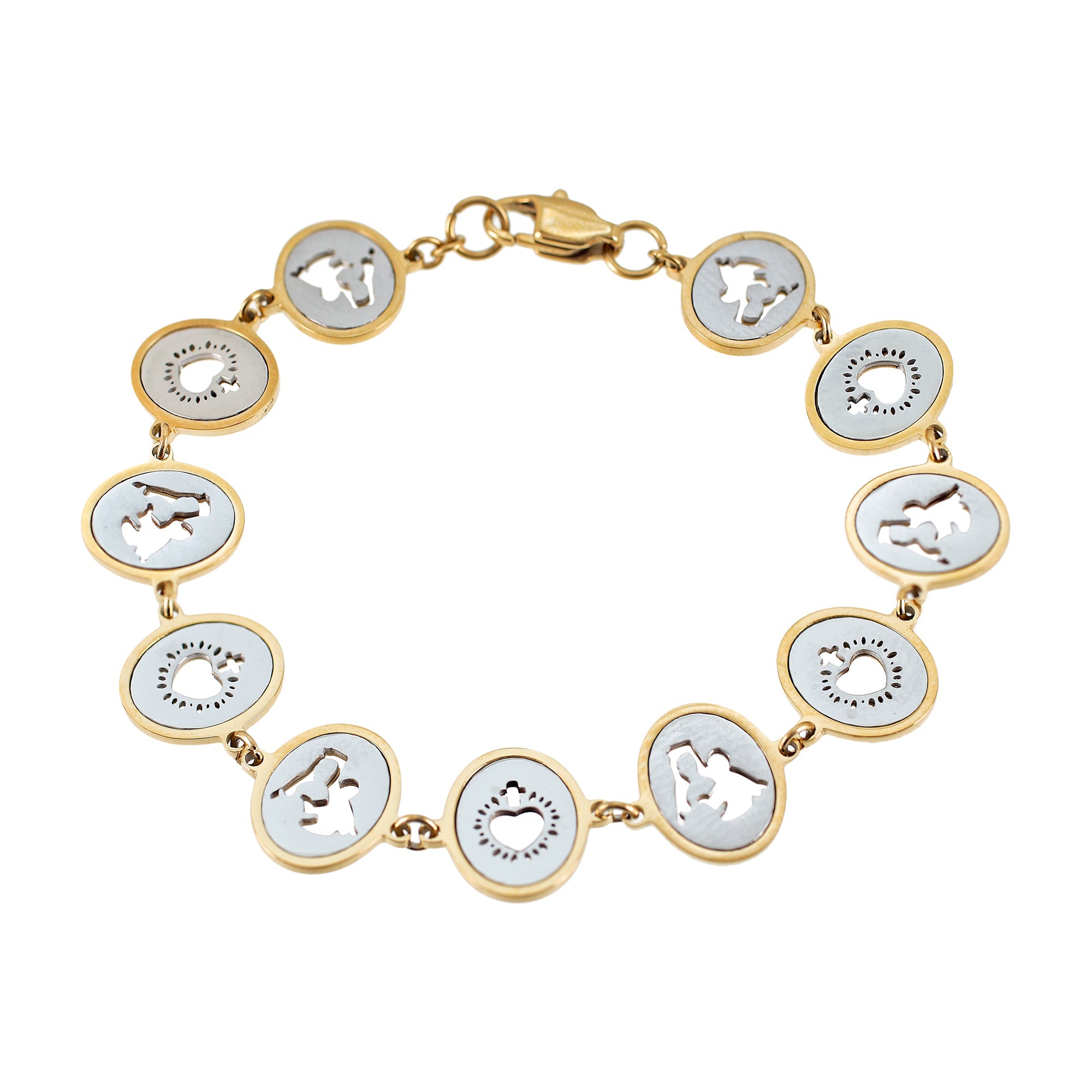 Bracelet with gold and silver ovals linked together, each oval is a detailed depiction of the Virgin Mary and the Sacred Heart