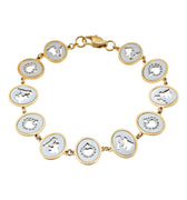 Bracelet with gold and silver ovals linked together, each oval is a detailed depiction of the Virgin Mary and the Sacred Heart