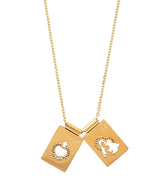 Scapular gold necklace with no closure,  featuring two rectangular medals, one medal depicts the Virgin Mary, and the other depicts the Sacred Heart