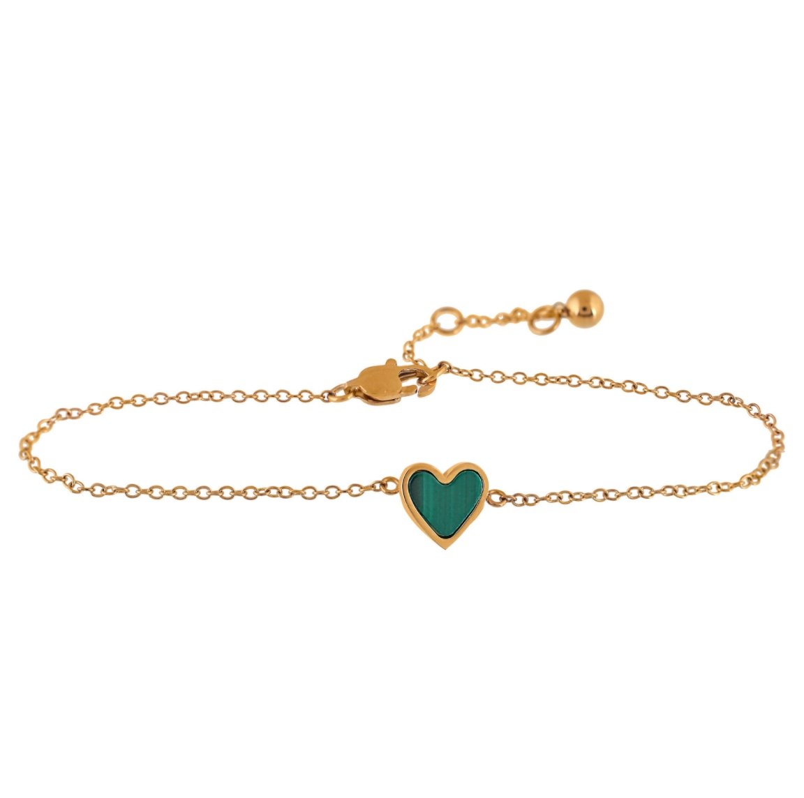 Gold bracelet with heart-shaped centerpiece with a real malachite stone