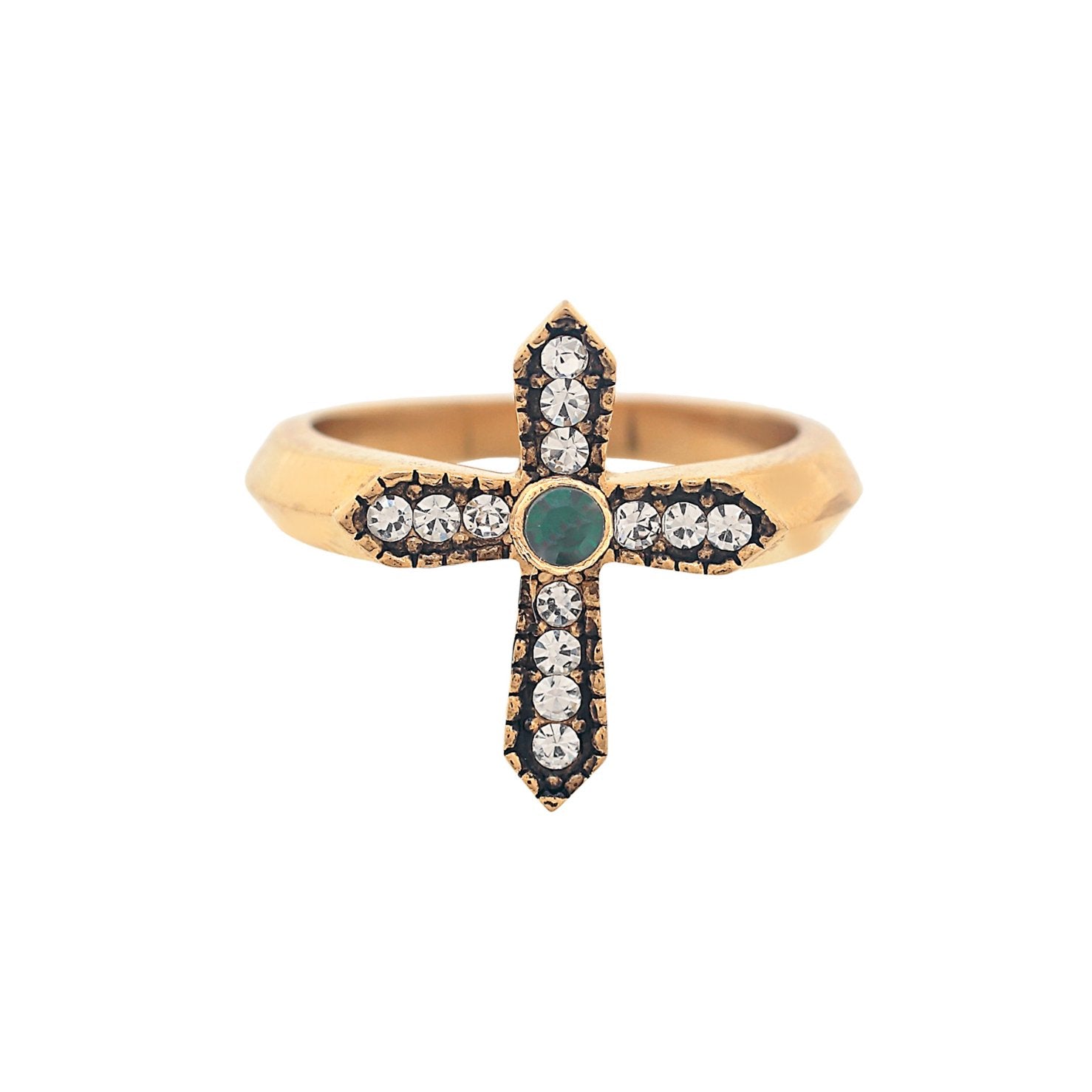 Gold ring with cross-shaped on top, with white zircon and green, emerald crystals