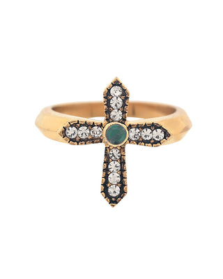 Gold ring with cross-shaped on top, with white zircon and green, emerald crystals